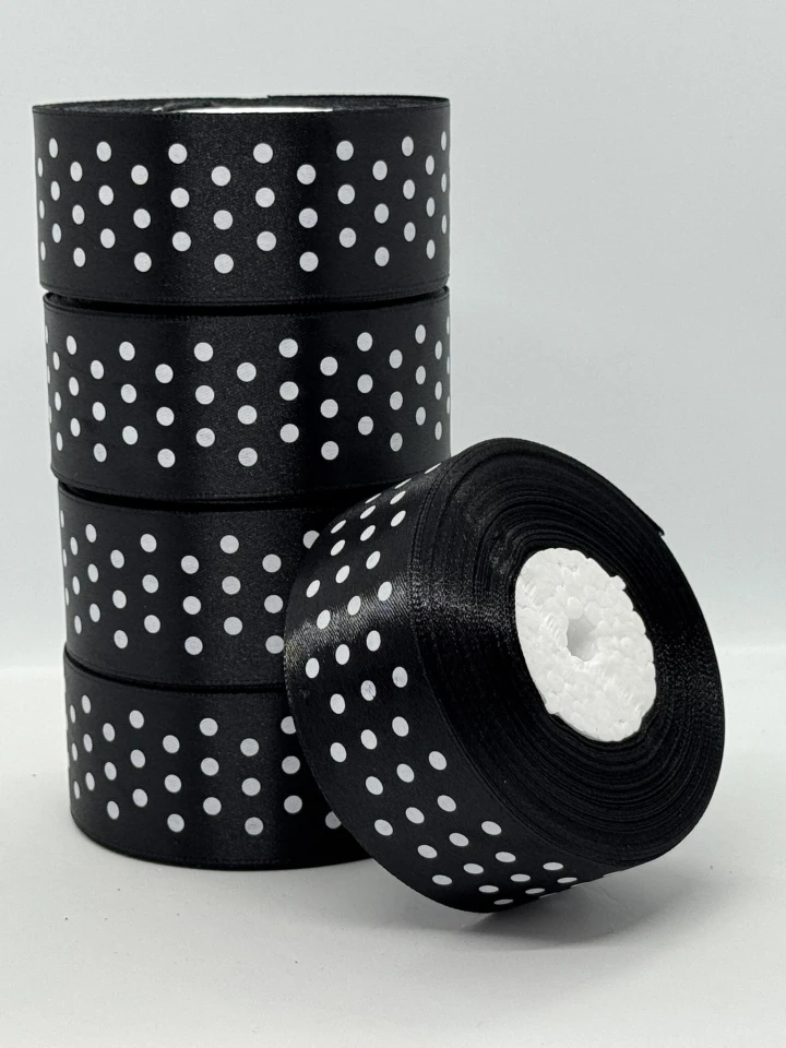 Атласная лента в горошек 4 см (33 м.), 39 чорний + білий