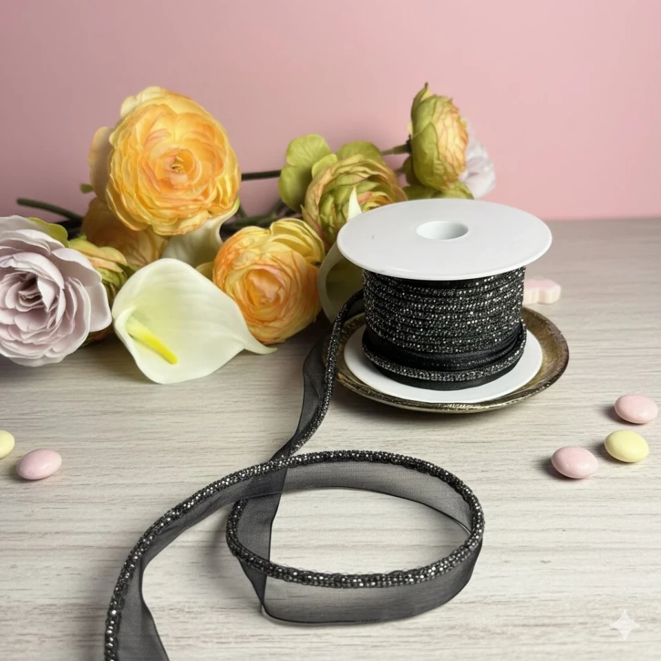 Стразовый кант 3.5 мм 6 рядов (15 м), чорний Black-hematite