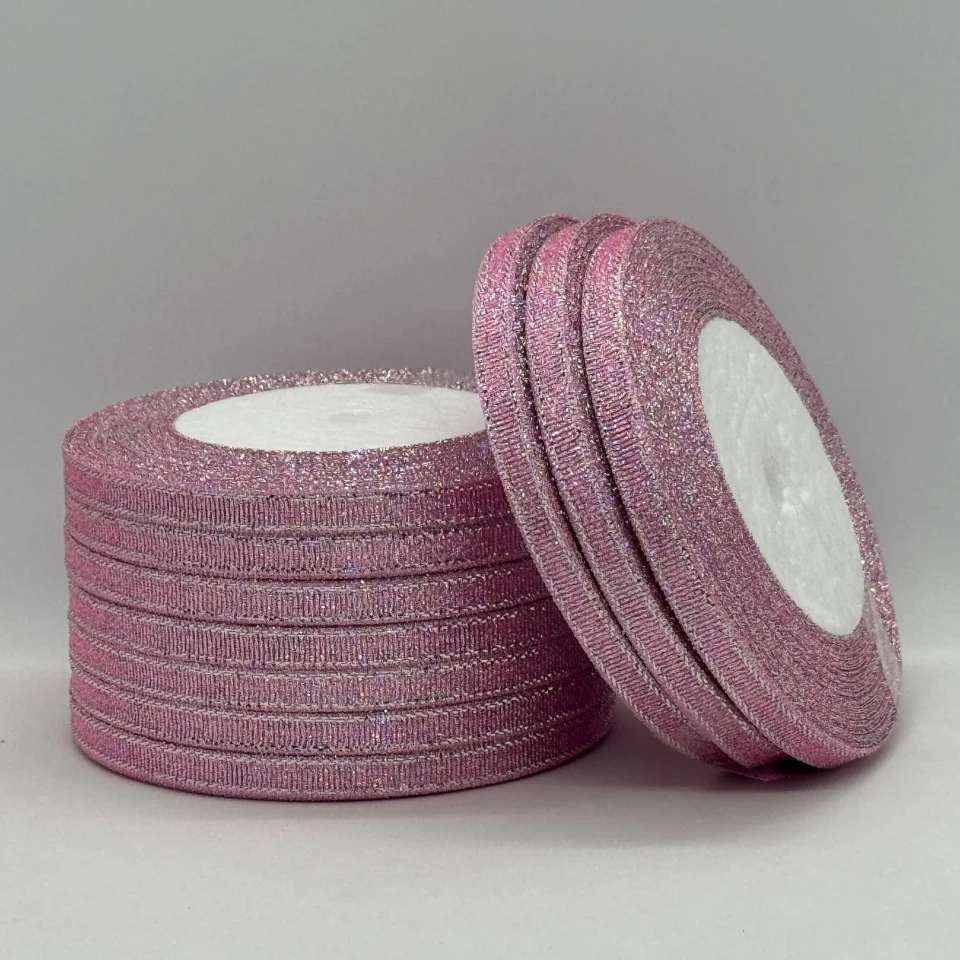 Лента парчовая 0,6 см (25 ярдов/22,75 м.), 4 світло рожевий + срібло