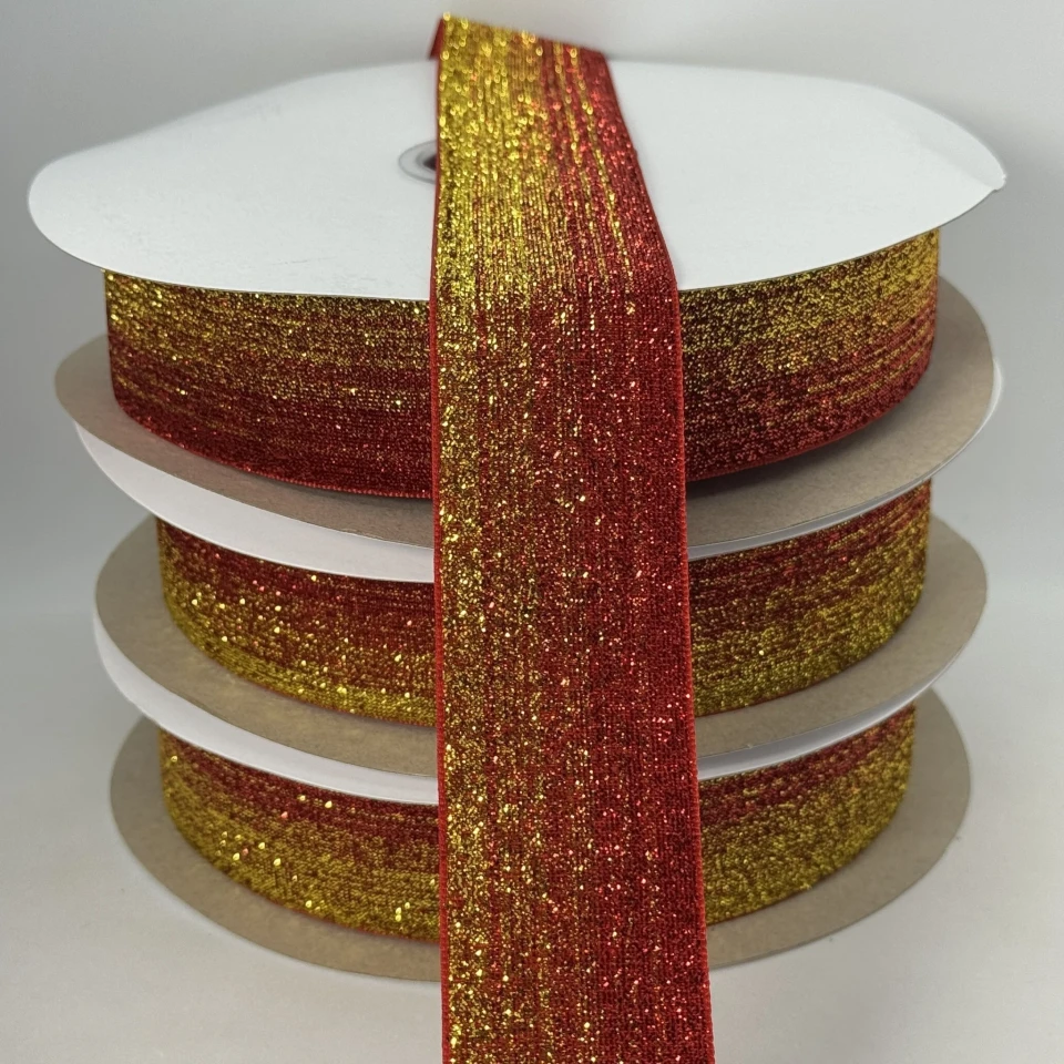 Бархатная лента люрекс 3.8 см (25 ярдов/22,75 м.), 32 червоний + золото