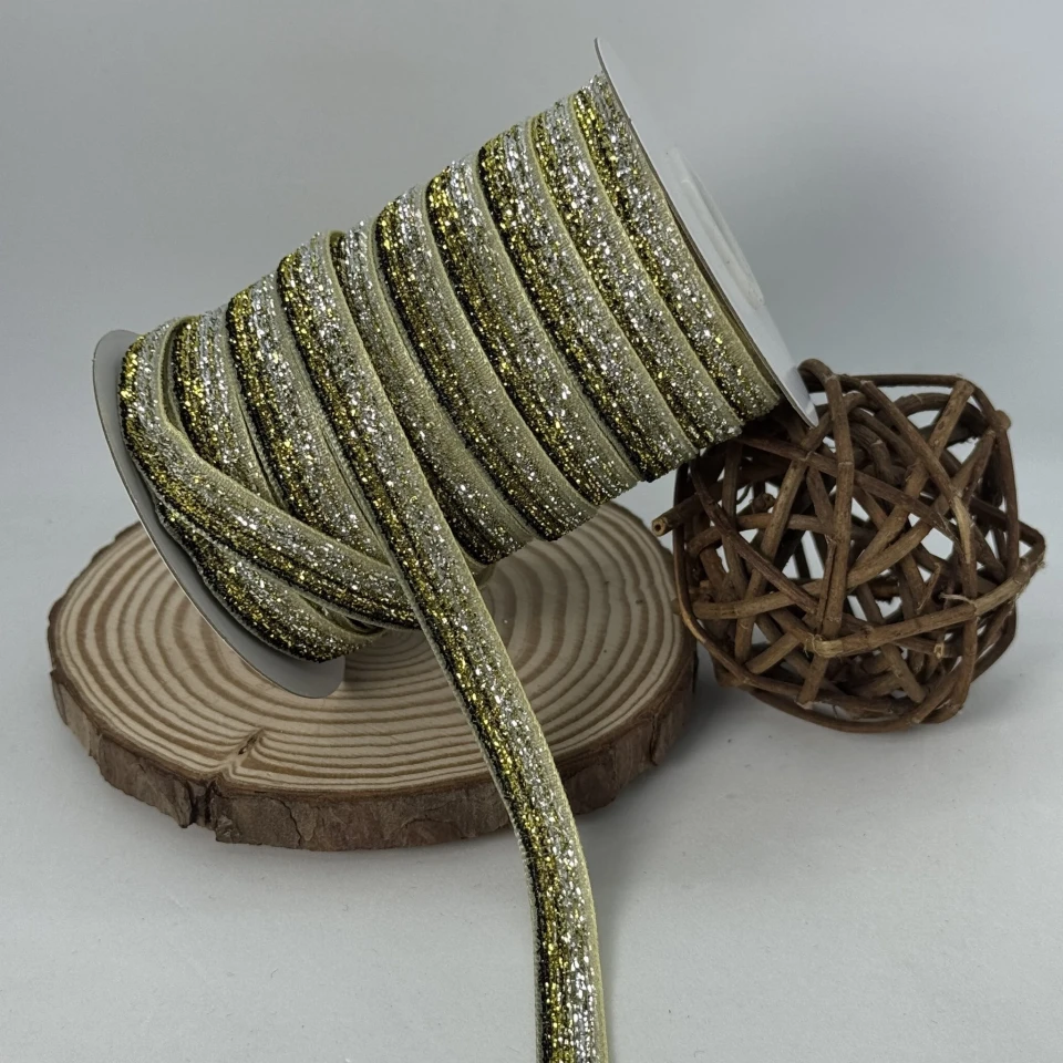 Оксамитова стрічка люрекс 1 см (25 ярдів/22,75 м.), 33 жовтий + чорний +золото + срібло