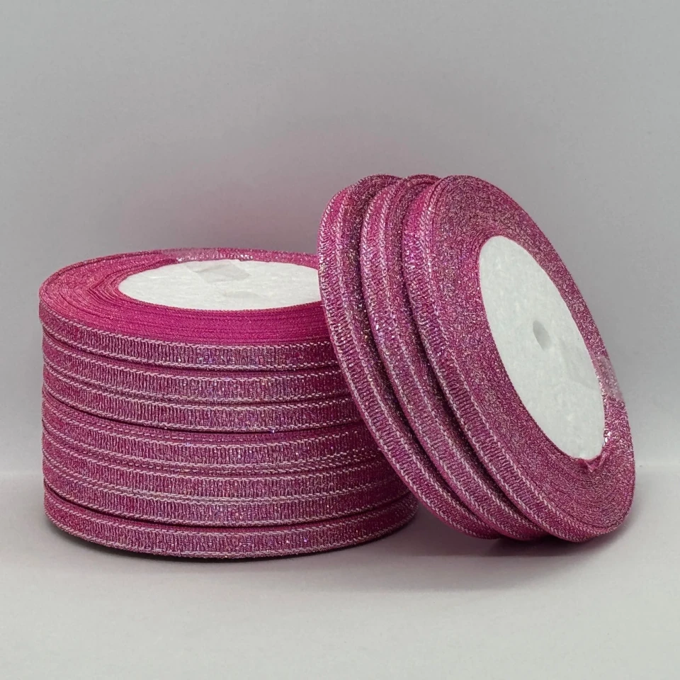 Тасьма парчева 0,6 см (25 ярдів/22,75 м.), 89 неон рожевий + срібло