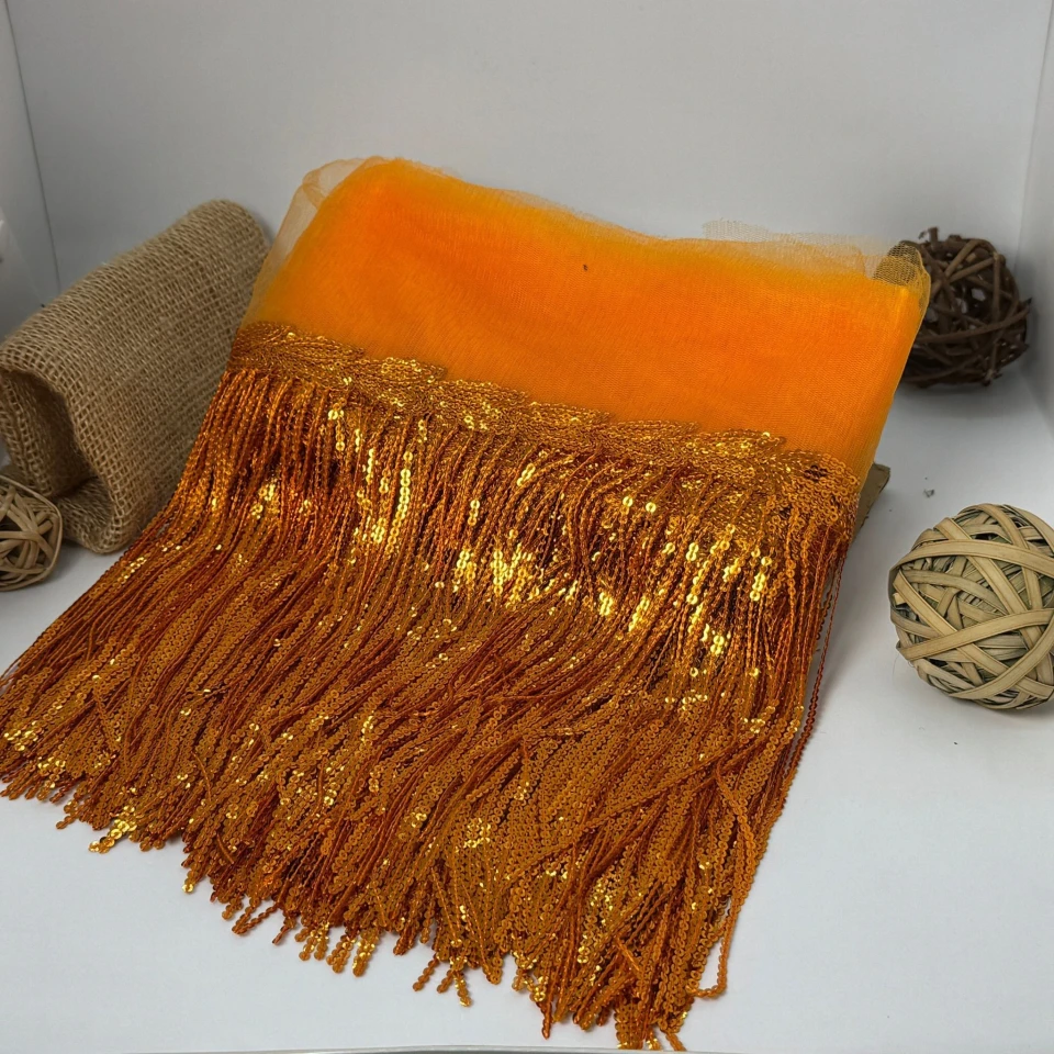 Бахрома танцевальная с пайетками на сетке «Искры страсти» 20 см (9.1 метр), 13 помаранчевий