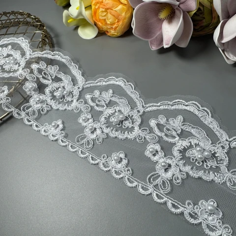 Кружево с кордовой нитью«Солнечный сад»А+жемчуг 10,5 см(1 метр), білий