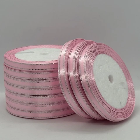 Атласна стрічка з люрекс 0,6 см+срібло (22.75 м.), 04 світло рожевий