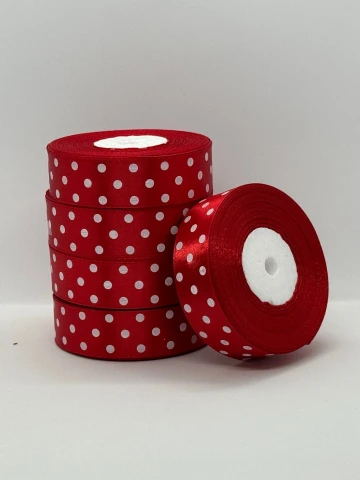 Атласная лента в горох 2.5 см (33 м.), 163 червоний + білий