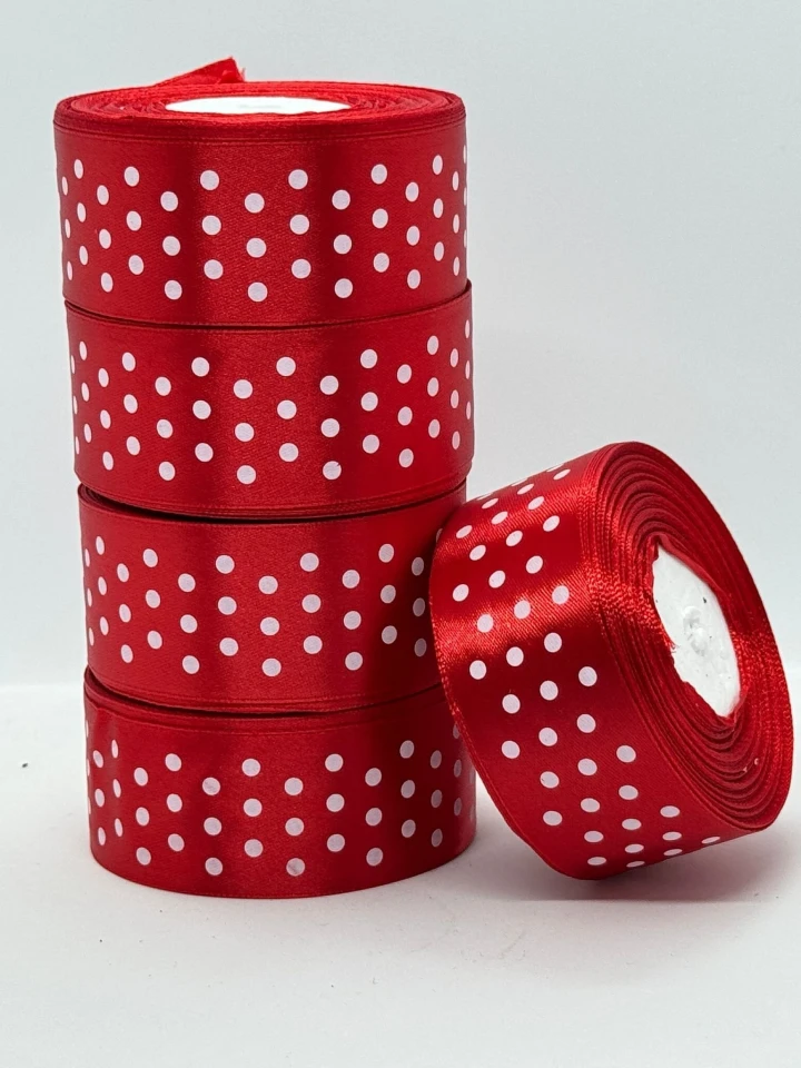Атласная лента в горошек 4 см (33 м.), 163 червоний + білий