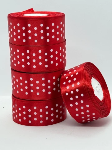 Атласная лента в горошек 4 см (33 м.), 163 червоний + білий