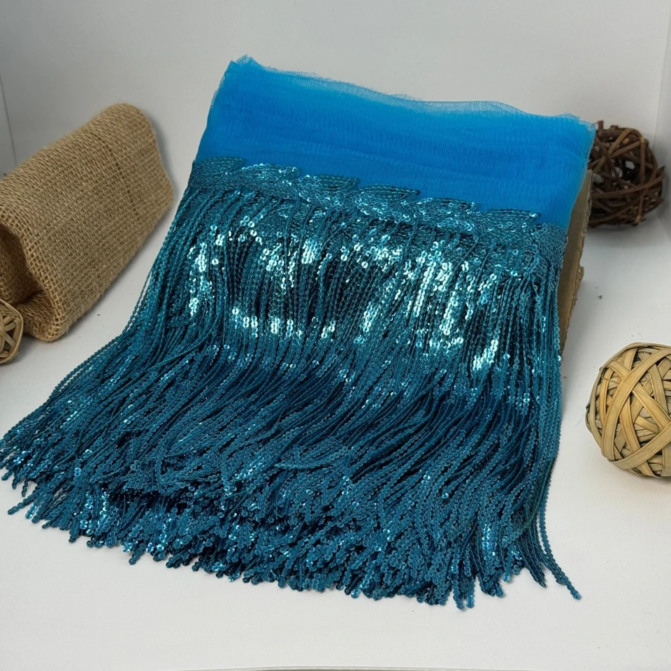 Бахрома танцевальная с пайетками на сетке «Искры страсти» 20 см (9.1 метр), 14 світлий блакитний