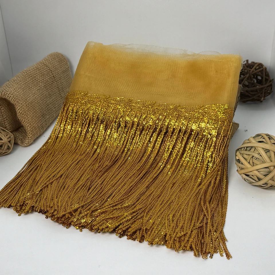 Бахрома танцювальна з паєткою на сітці «Іскри пристрасті» 20 см (9.1 метр), 28 темний золотий