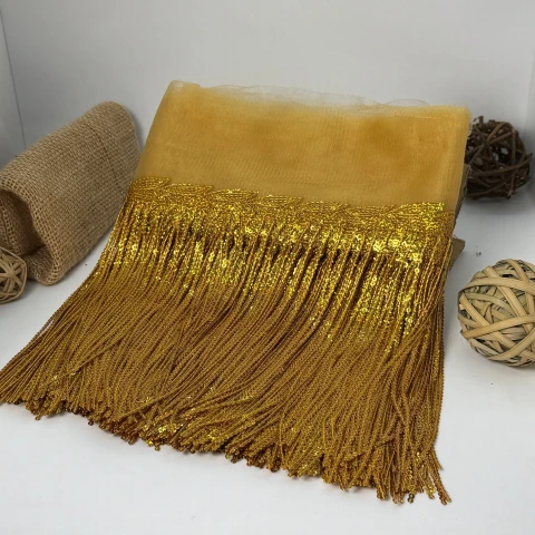 Бахрома танцювальна з паєткою на сітці «Іскри пристрасті» 20 см (9.1 метр), 28 темний золотий